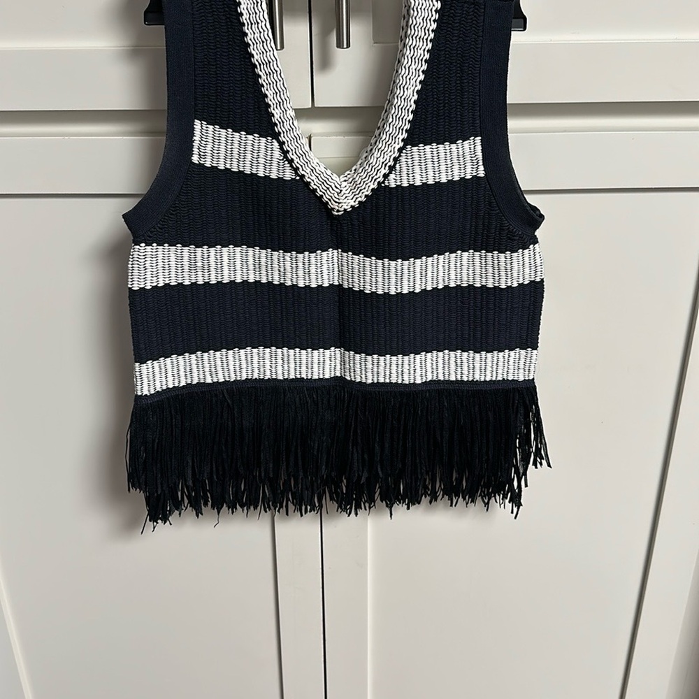 Navy and White Striped Fringe Knit Top